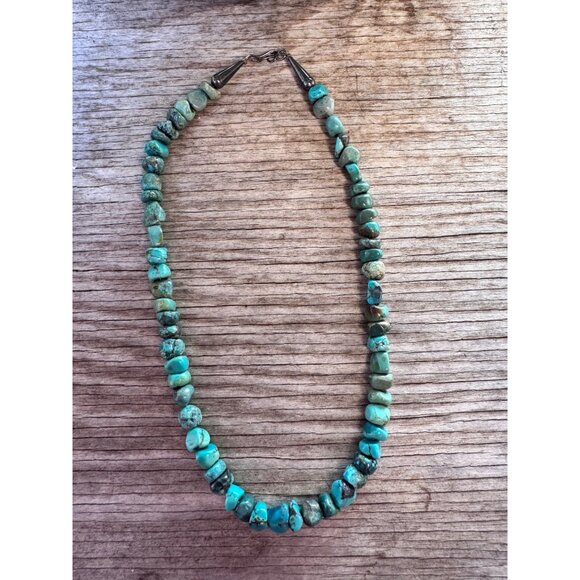 Vintage Turquoise Nugget Bead Necklace Sterling Silver Ends Hook Clasp Southwest - Picture 6 of 11